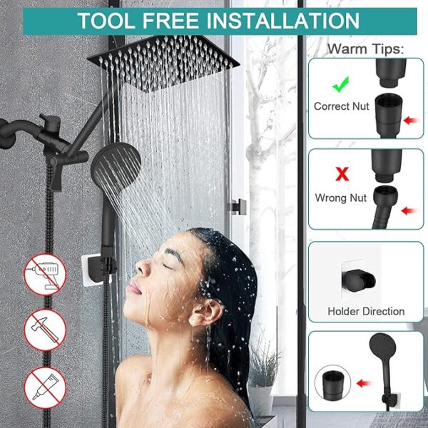 Shower Head, 8‘’ High Pressure Rainfall/Handheld Shower Combo with 11'' Extension Arm, 9 Settings, Anti-leak Shower Head with Holder, Height/Angle Adjustable, Chrome, Matte Black - Image 5