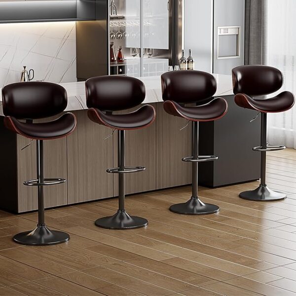Bar Stools Set of 4, Modern Pu Leather Swivel Adjustable Bar Stool Counter Height Stool Set, Bar Chair with Back and Footrest for Kitchen, Dining Room, Brown