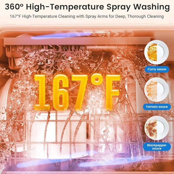BLITZHOME Countertop Portable Mini Dishwasher, 9 Programs,167℉ High-Temp, Hot Air Drying, Air Refresh, 360° 3 Spray, 24H Timing, LED Light, 5.2L Built-in Water Tank for Apartments RVs - Image 4