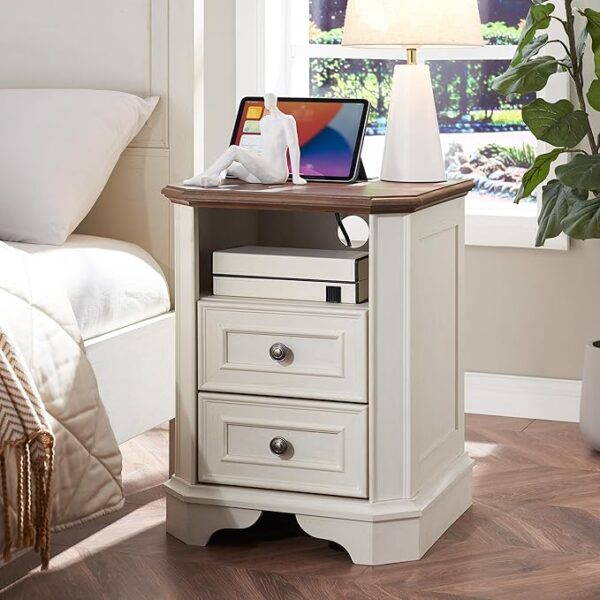 T4TREAM Farmhouse Nightstand with Charging Station, 18" End Table with 2 Drawers, Wood Side Table, Bedside Cabinet for Bedroom, Living Room (Antique White) - Image 4