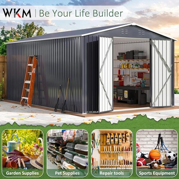 WKM 10x14 FT Outdoor Storage Shed, Metal Shed with Updated Frame Structure and Lockable Doors, Large Steel Yard Shed, Utility Tool Storage for Garden, Backyard, Patio Lawn, Black - Image 5