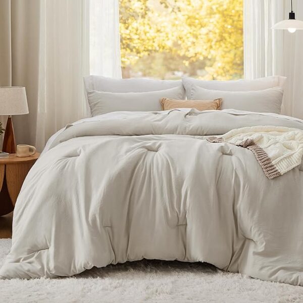 Bedsure King Size Comforter Set, Beige Soft Prewashed Bedding for All Seasons, 3 Pieces GentleSoft™ Warm Down Alternative Bed Set, 1 Lightweight Comforter (104"x90") and 2 Pillowcases (20"x36") - Image 6