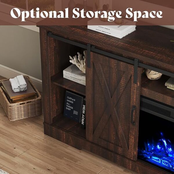 AMERLIFE Fireplace TV Stand with Sliding Barn Door for TVs up to 73", Farmhouse 63" Fireplace Entertainment Center with Storage Cabinets/Adjustable Shelves, Reclaimed Barnwood - Image 3