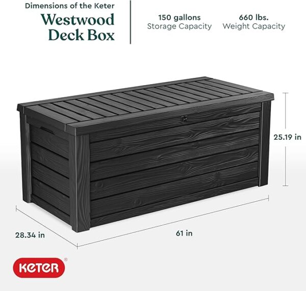 Keter Outdoor Storage Deck Box, 150 Gallon Resin Patio Bin & Bench, Solid, Dark Grey - Image 4