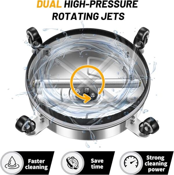 14" Pressure Washer Surface Cleaner with 4 Wheels - Stainless Steel Surface Cleaner for Pressure Washer Attachment for Concrete, Patio, Sidewalk, Deck and Driveways - PWS14 - Image 4