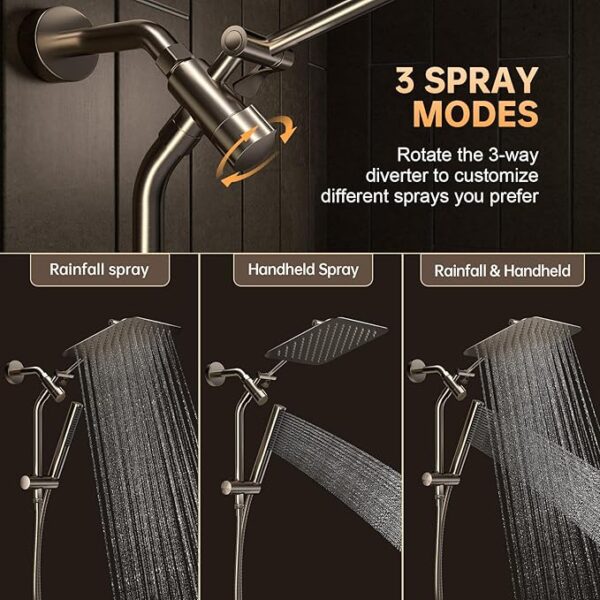Veken Brushed Nickel Shower Head, 10'' All Metal Rain Shower Heads with Handheld Spray Combo, Hand Held Bathroom Combo with Extension Arm, Dual shower with Power Wash, Adjustable Rainfall Showerhead - Image 5