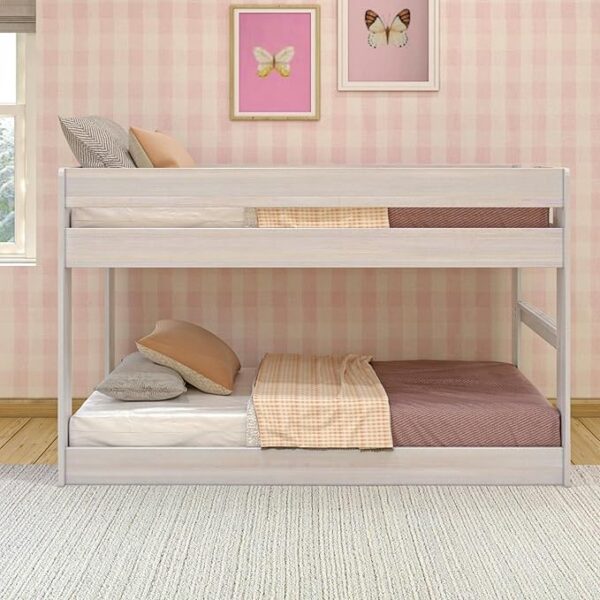 Max & Lily Modern Farmhouse Low Bunk Bed, Twin-Over-Twin Bed Frame For Kids, White Wash - Image 3