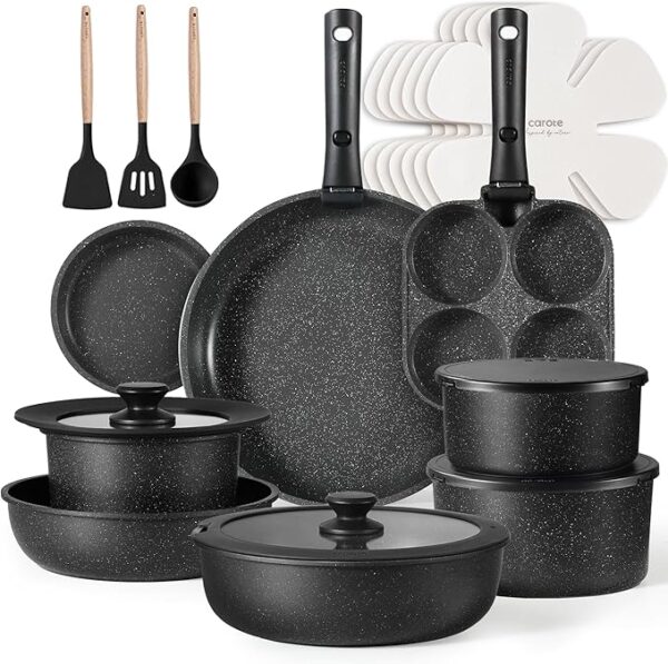 CAROTE 23pcs Pots and Pans Set Non Stick, Cookware Sets, Kitchen Set, Oven/Dishwasher/Fridge Safe, Space Saving Pots Set, Nonstick Set with Versatile Detachable Handle, Induction RV Set, Black
