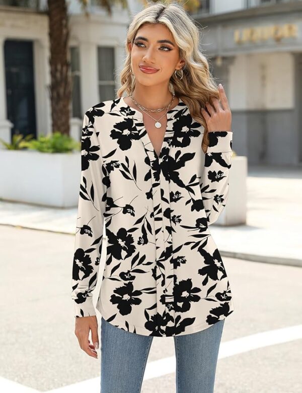 Micoson Womens Tops Dressy Casual Long Sleeve Business Shirts V Neck Pleated Work Blouses Loose Fit Fall Trendy Knit Top - Image 4