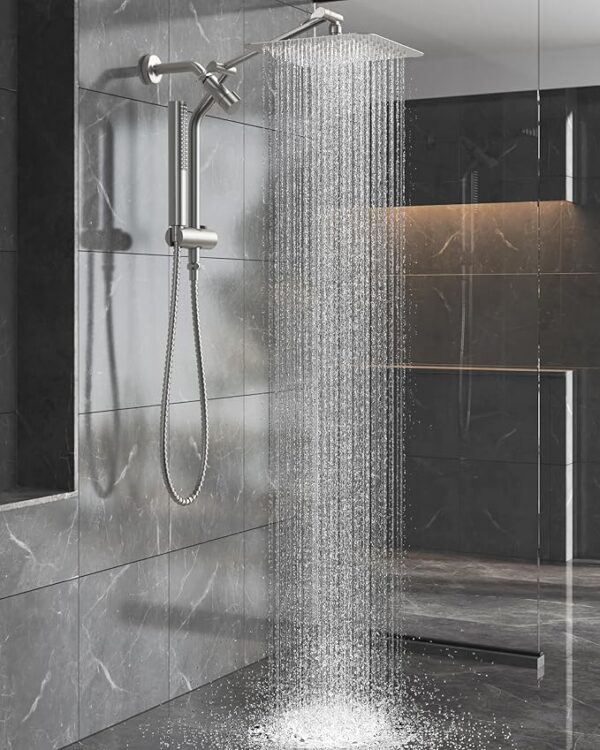 Veken Brushed Nickel Shower Head, 10'' All Metal Rain Shower Heads with Handheld Spray Combo, Hand Held Bathroom Combo with Extension Arm, Dual shower with Power Wash, Adjustable Rainfall Showerhead