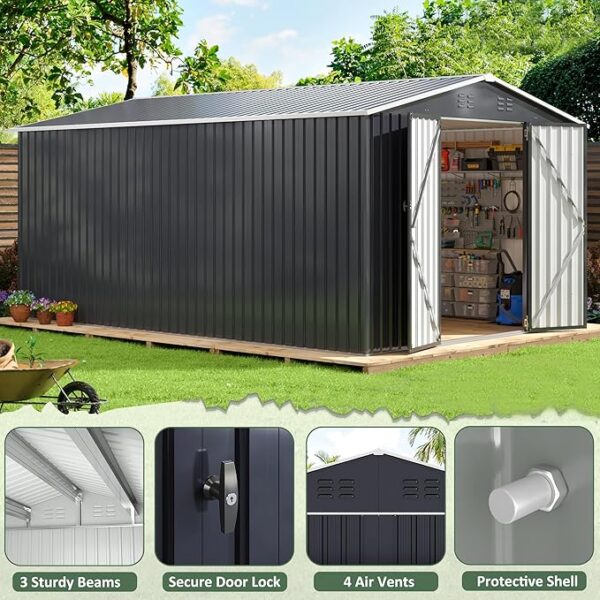 WKM 10x14 FT Outdoor Storage Shed, Metal Shed with Updated Frame Structure and Lockable Doors, Large Steel Yard Shed, Utility Tool Storage for Garden, Backyard, Patio Lawn, Black - Image 4