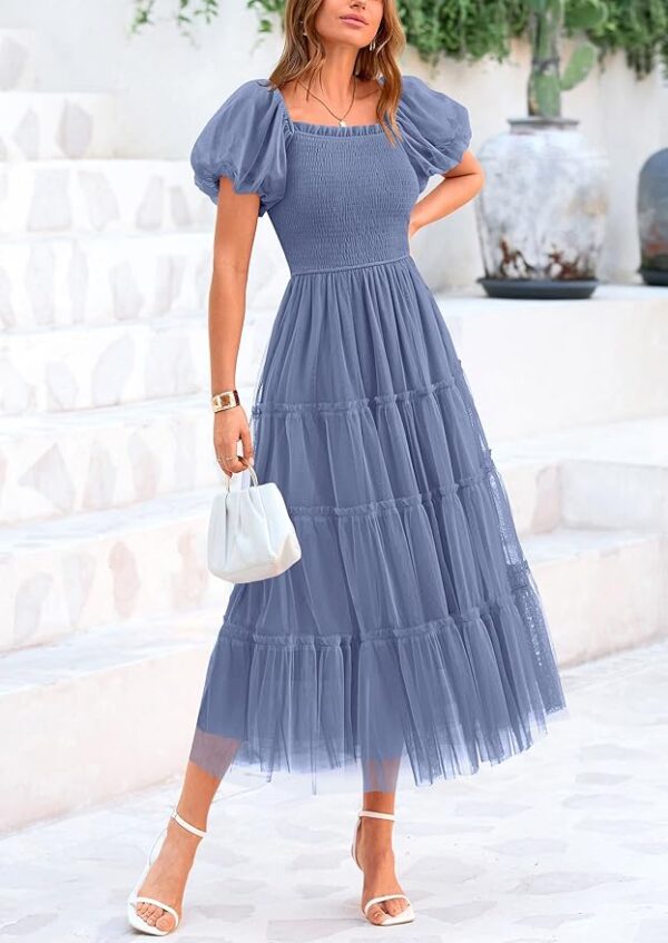 PRETTYGARDEN Women's Smocked Midi Tulle Dress Summer Puffy Short Sleeve Square Neck Ruffle Wedding Guest Party Dresses - Image 5