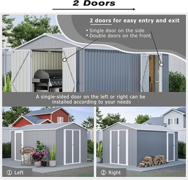 8×12 FT Storage Shed with 2 Lockable Doors and Vents,Metal Aluminum Waterproof Tool Sheds,Heavy-Duty Sheds Unit W/Floor Frame,Lock&Key,Garden Shed for Storing Bicycles,Barbeques,Gray - Image 5