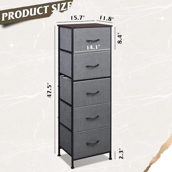 WLIVE Fabric Dresser, 5-Drawer Tall Dresser for Bedroom, Storage Dresser Organizer with Fabric Bins, Wood Top, Sturdy Steel Frame, Chest of Drawers for Closet, Hallway, Dark Grey - Image 2