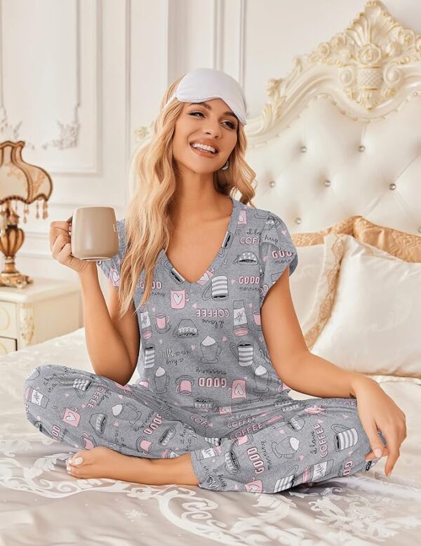 Ekouaer 2 Pack Womens Pajamas Short Sleeve Sleepwear Top with Pants Super-Soft Printed Lounge Sets S-XXL - Image 5