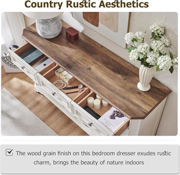 T4TREAM Farmhouse 9 Drawers Dresser for Bedroom, 54" Wide Wood Rustic Chest of Drawers with Natural Texture, Vintage Design, Storage Dressers Organizer for Bedroom, Living Room, Antique White - Image 4