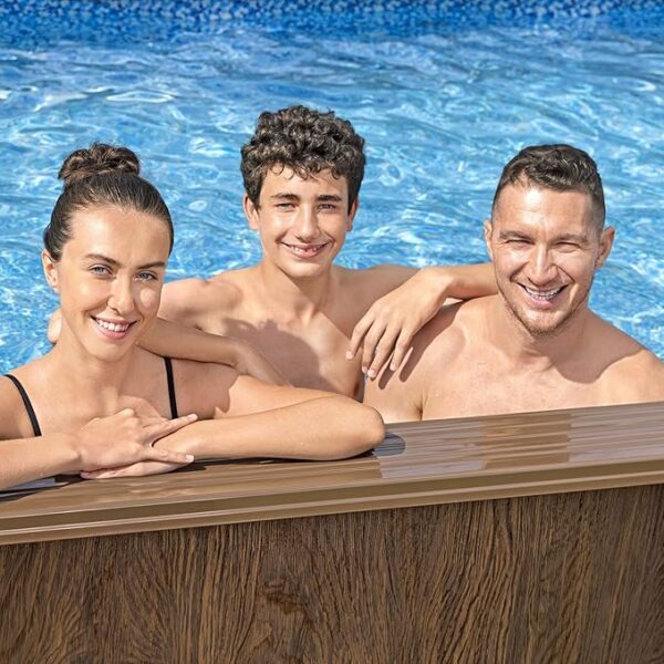 Bestway 24’ x 12’ x 52” Hydrium Oval Steel Wall Above Ground Swimming Pool with Sand Filter Pump, Cover, Ladder, Ground Cloth, and Surface Skimmer, Woodgrain - Image 4