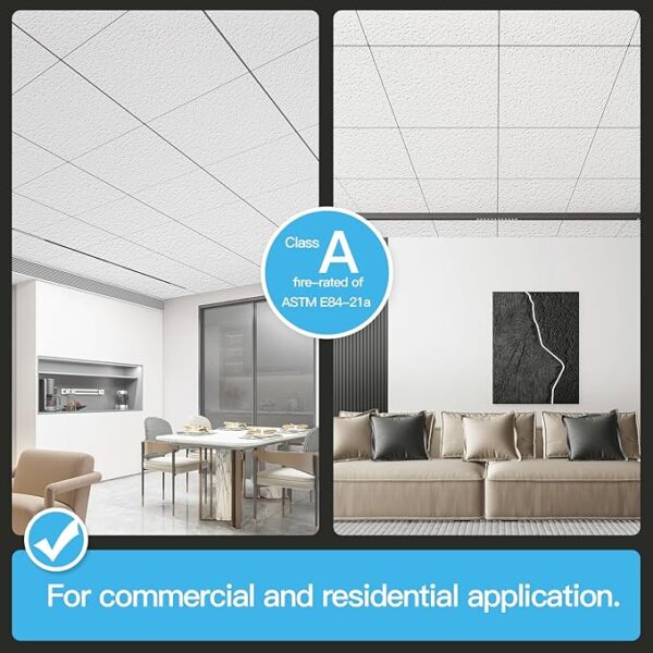 Art3d 12-Pack Stucco Texture Drop Ceiling Tiles 2x2 FT - Fire-Rated, Waterproof, Reusable - Premium PVC 24x24 Inch Ceiling Panels for Living Room Kitchen Bathroom Basement Office, White - Image 4