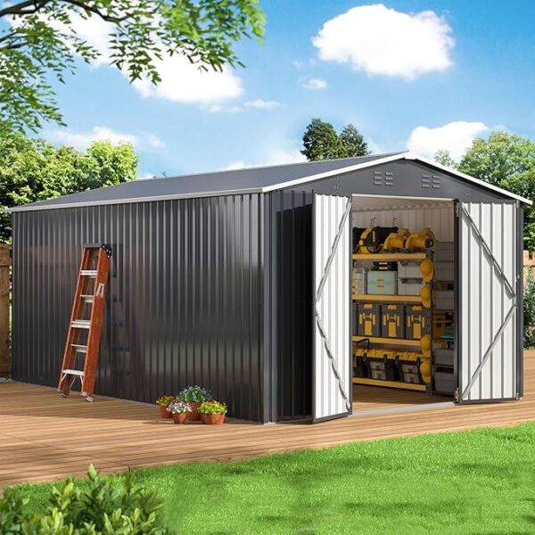 WKM 10x14 FT Outdoor Storage Shed, Metal Shed with Updated Frame Structure and Lockable Doors, Large Steel Yard Shed, Utility Tool Storage for Garden, Backyard, Patio Lawn, Black