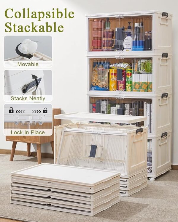 OlarHike 76QT Stackable Storage Bins with Lids - Folding Storage Box with Doors and Wheels, Collapsible Plastic Storage Bins for Closets, Storage Containers for Home, 4 Pack Cubes (Warm Gray) - Image 2