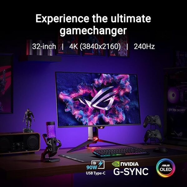ASUS ROG Swift 32” 4K OLED Gaming Monitor (PG32UCDM) - UHD (3840 x 2160), QD-OLED, 240Hz, 0.03ms, G-SYNC Compatible, Custom Heatsink, Graphene Film, 99% DCI-P3, True 10-bit, 90W USB-C - Image 4