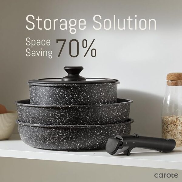CAROTE 23pcs Pots and Pans Set Non Stick, Cookware Sets, Kitchen Set, Oven/Dishwasher/Fridge Safe, Space Saving Pots Set, Nonstick Set with Versatile Detachable Handle, Induction RV Set, Black - Image 3