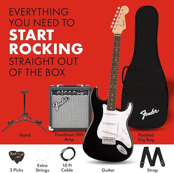 Fender Squier Debut Series Stratocaster Electric Guitar Kit, Beginner Guitar Kit, with 2-Year Warranty, with Padded Gig Bag, Frontman 10G Amp, Strap, and More, Includes Free Lessons, Black - Image 3