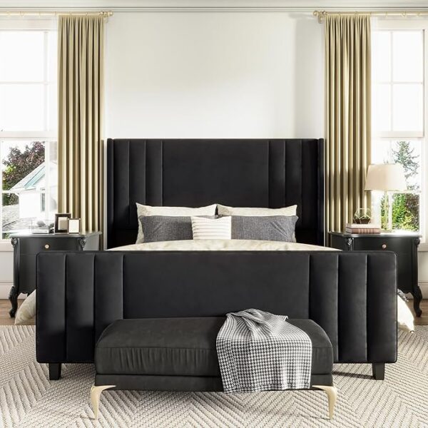 AMERLIFE King Size Bed Frame, Velvet Upholstered Platform Bed with Vertical Channel Tufted Headboard & Footboard/Wingback, Mattress Foundation with Wood Slats, No Box Spring Needed, Black