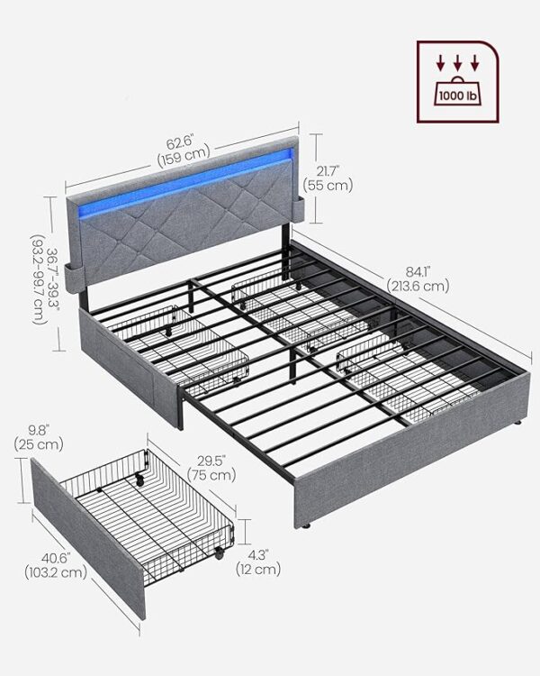VASAGLE LED Bed Frame Queen Size, 36.7/39.3 Inches, with Headboard and 4 Drawers, 1 USB Port and 1 Type C Port, Adjustable Upholstered Headboard, No Box Spring Needed, Light Gray URMB821G01 - Image 5