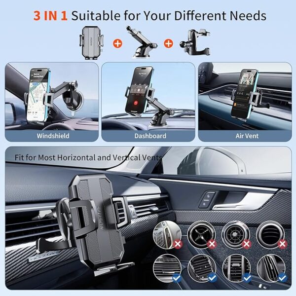 Upgraded 3-in-1 Car Phone Holder Mount [Powerful Suction] Phone Mount for Car Dashboard Air Vent Windshield,for All iPhone Android Phone (Black) - Image 4