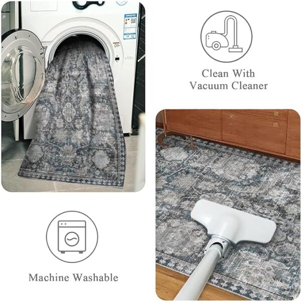 Washable Area Rugs - Perfect for Living Room, Bedroom, Kids Room, Nursery - Stain & Water Resistant Non-Slip, Pet & Child Friendly, Vintage Tribal Area Rugs (Grey and Blue, 6' x 9') - Image 4