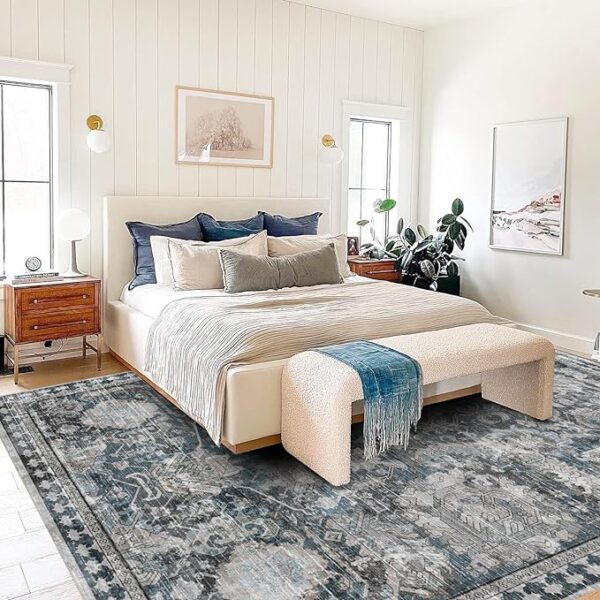 Washable Area Rugs - Perfect for Living Room, Bedroom, Kids Room, Nursery - Stain & Water Resistant Non-Slip, Pet & Child Friendly, Vintage Tribal Area Rugs (Grey and Blue, 6' x 9')