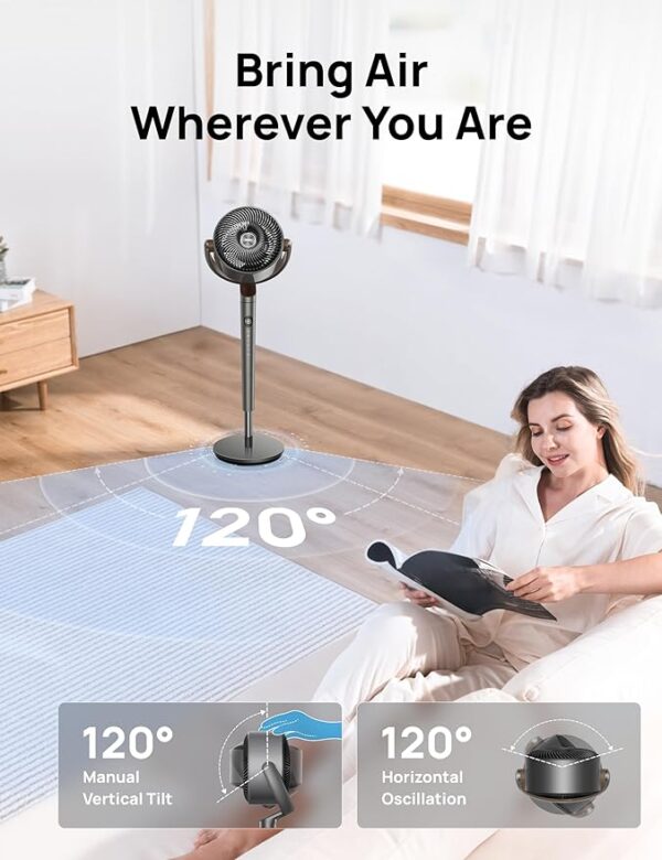 Dreo Fan for Bedroom, 120° Oscillating Standing Fans, Quiet Floor Fan with DC Motor, 85ft Pedestal Fans for Room, 8 Speeds, 3 modes, 20dB, 120° Manual Vertical, 35-40" Adjustable Height, 8H Timer - Image 3