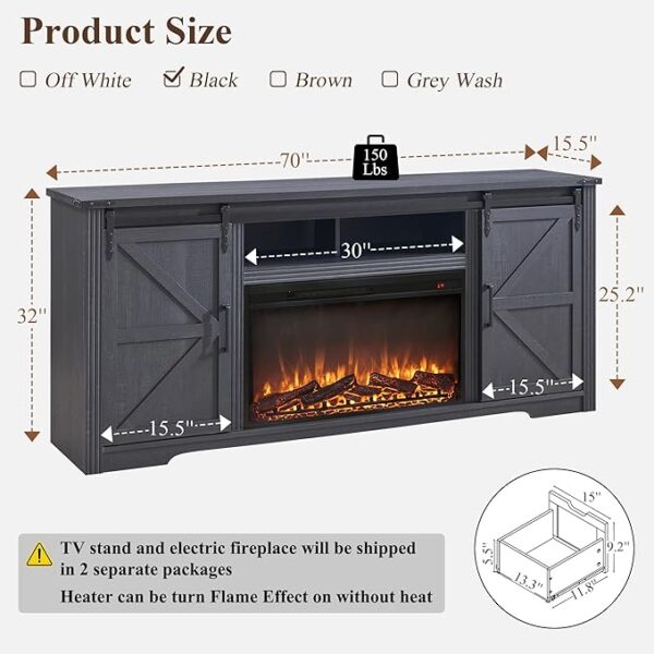 Farmhouse Fireplace TV Stand for 80 Inch TV, 32" Tall Entertainment Center w/Drawer & Sliding Barn Door, 70 Inch Highboy Media Console for Living Room, Black - Image 4