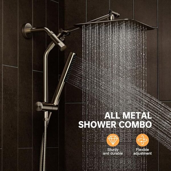 Veken Brushed Nickel Shower Head, 10'' All Metal Rain Shower Heads with Handheld Spray Combo, Hand Held Bathroom Combo with Extension Arm, Dual shower with Power Wash, Adjustable Rainfall Showerhead - Image 6