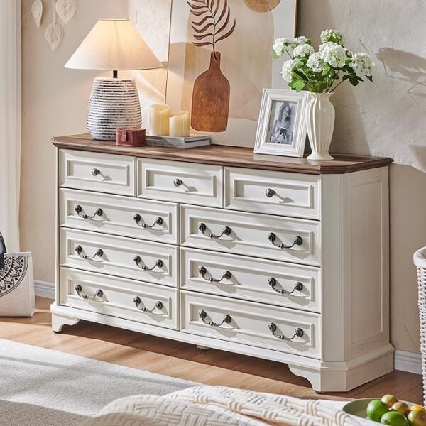 T4TREAM Farmhouse 9 Drawers Dresser for Bedroom, 54" Wide Wood Rustic Chest of Drawers with Natural Texture, Vintage Design, Storage Dressers Organizer for Bedroom, Living Room, Antique White - Image 3