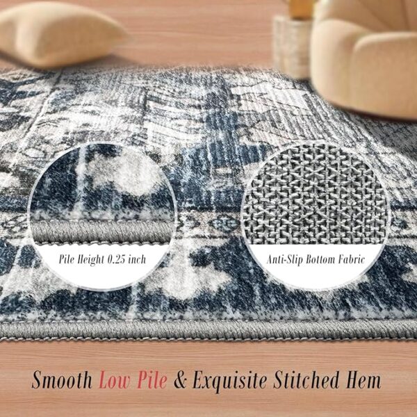 Washable Area Rugs - Perfect for Living Room, Bedroom, Kids Room, Nursery - Stain & Water Resistant Non-Slip, Pet & Child Friendly, Vintage Tribal Area Rugs (Grey and Blue, 6' x 9') - Image 3