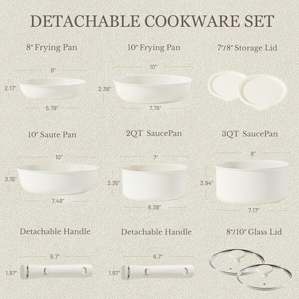 CAROTE 11pcs Pots and Pans Set, Nonstick Cookware Detachable/Removable Handle, Induction RV Kitchen Set, Oven Safe, Cream White - Image 3