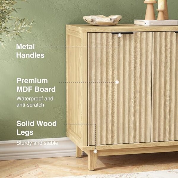 Fluted Cabinet with Storage, 2 Doors Sideboard Buffet Cabinet, Mid Century Modern Accent Cabinet with Adjustable Shelves, Multifunctional Console Table with Storage for Living Room, Kitchen, Entryway - Image 3