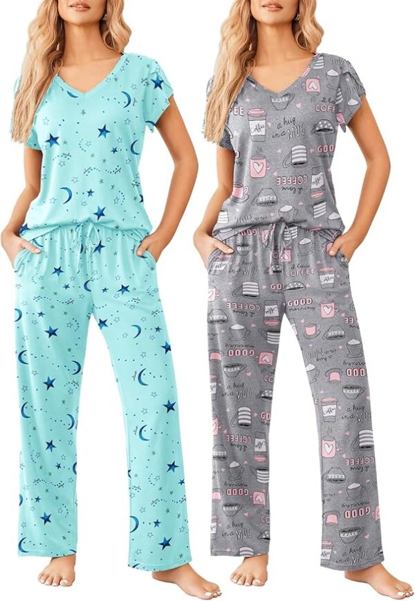 Ekouaer 2 Pack Womens Pajamas Short Sleeve Sleepwear Top with Pants Super-Soft Printed Lounge Sets S-XXL