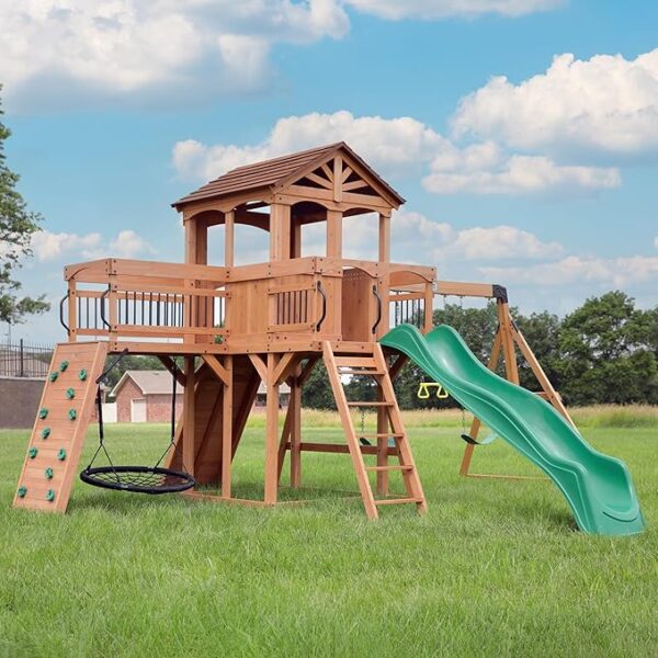 Backyard Discovery Sterling Point All Cedar Wooden Swing Set, Raised Clubhouse, Green Wave Slide, Web Swing, Climbing Wall, 10ft Wave Slide, 2 Belt Swings, Front Porch, Bridge - Image 4