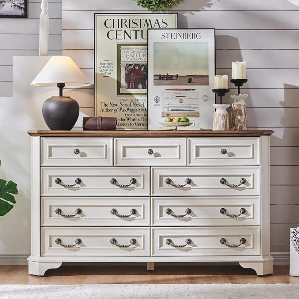 T4TREAM Farmhouse 9 Drawers Dresser for Bedroom, 54" Wide Wood Rustic Chest of Drawers with Natural Texture, Vintage Design, Storage Dressers Organizer for Bedroom, Living Room, Antique White