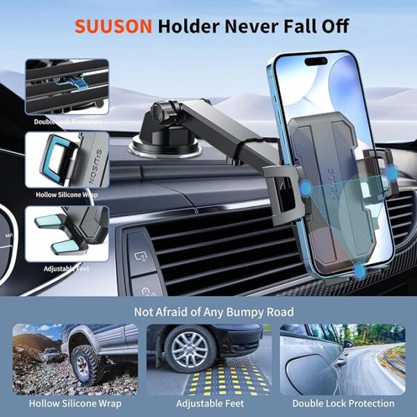 Upgraded 3-in-1 Car Phone Holder Mount [Powerful Suction] Phone Mount for Car Dashboard Air Vent Windshield,for All iPhone Android Phone (Black) - Image 6