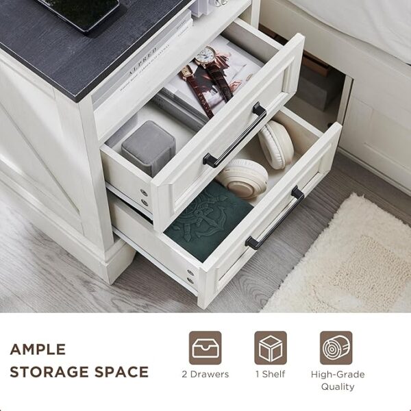 18" Farmhouse Nightstand with Charging Station,End Table with 2 Drawers Storage,Side Table,Bedside Cabinet for Bedroom,Living Room,White - Image 3