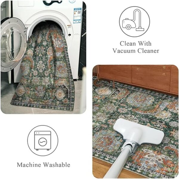 Washable Area Rugs - Perfect for Living Room, Bedroom, Kids Room, Nursery - Stain & Water Resistant Non-Slip, Pet & Child Friendly, Vintage Tribal Area Rugs (Green, 5' x 7') - Image 5