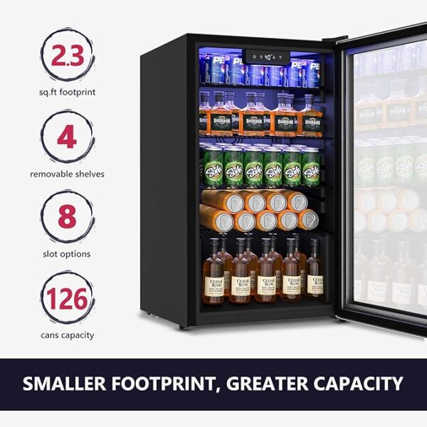 Beverage Refrigerator Cooler - 126 Can Mini Fridge with Glass Door for Soda Beer or Wine, Beverage Cooler for Home, Office, Bar with Adjustable Removable Shelves, Silver - Image 2