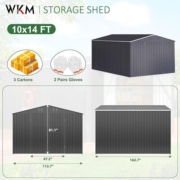 WKM 10x14 FT Outdoor Storage Shed, Metal Shed with Updated Frame Structure and Lockable Doors, Large Steel Yard Shed, Utility Tool Storage for Garden, Backyard, Patio Lawn, Black - Image 2