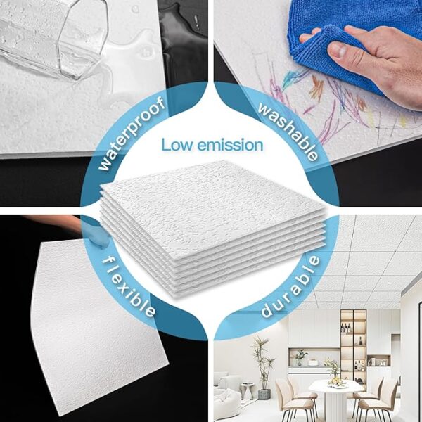 Art3d 12-Pack Stucco Texture Drop Ceiling Tiles 2x2 FT - Fire-Rated, Waterproof, Reusable - Premium PVC 24x24 Inch Ceiling Panels for Living Room Kitchen Bathroom Basement Office, White - Image 6