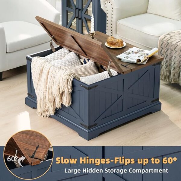 Farmhouse Coffee Table with Large Hidden Storage Compartment, Navy Blue Square Center Table, Wood Rustic Low Modern Living Room Tables with Hinged Lift Brown Top & Wooden Arc Base - Image 5