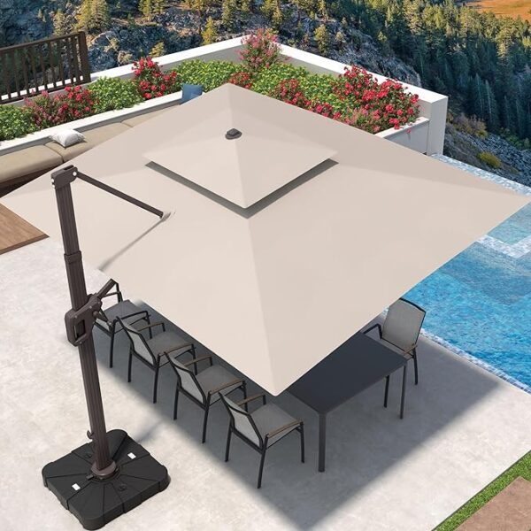 9' X 12' Cantilever Patio Umbrella 360°Rotation Rectangular Outdoor Large Offset Umbrellas Double Top Heavy Duty Windproof for Garden Deck Pool Backyard, Beige - Image 2